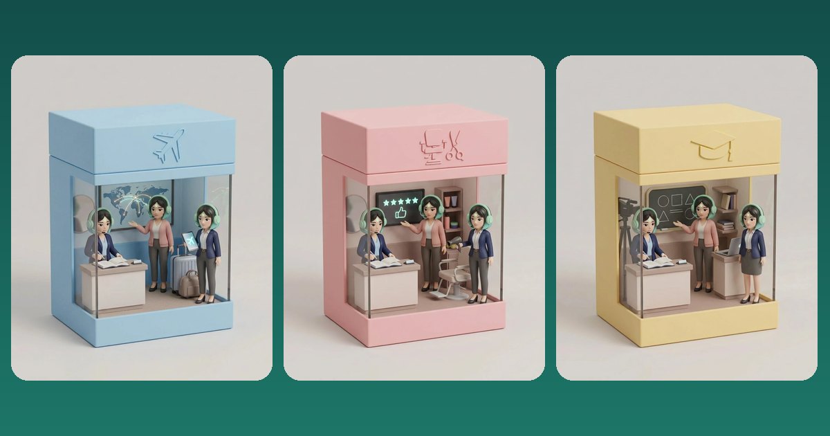 Three boxes with Mila teams: a travel agency, a salon and an online school