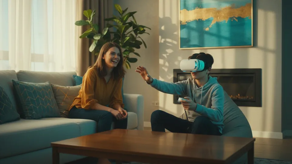 Подросток в VR-шлеме машет рукой, рядом на диване смеётся мама