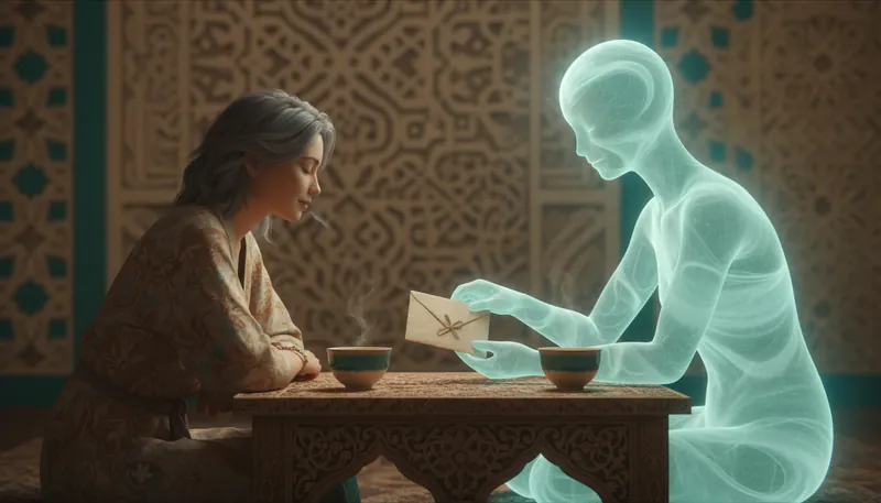 An older woman and Mila over tea, Mila gently holds an envelope