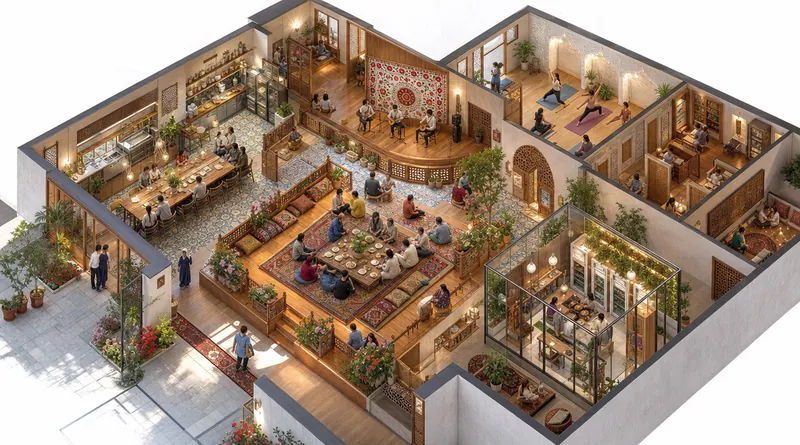 Cutaway: people at the center, the glass room where the Milas live along the wall