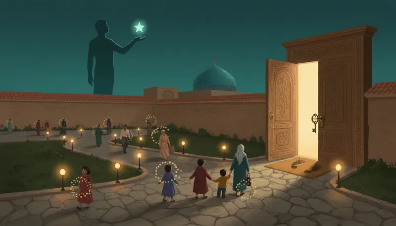 An open door to a garden: people with lanterns walk toward the light