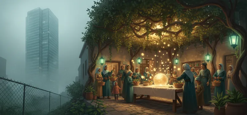 People gather under a tree around a glowing table, a corporate tower in the fog nearby