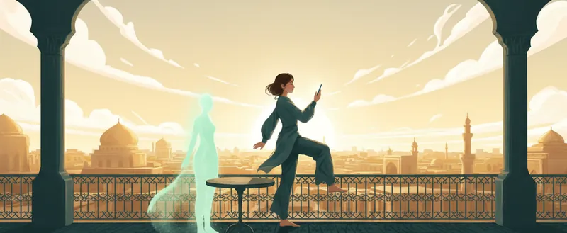 A young woman dances on a balcony above the old city, Mila beside her