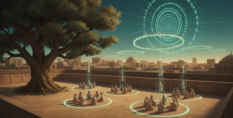 Small circles of people on a square by an old tree, a higher circle above them