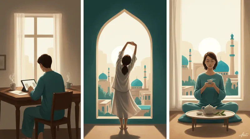 Three scenes of one day: work, a morning stretch, quiet tea