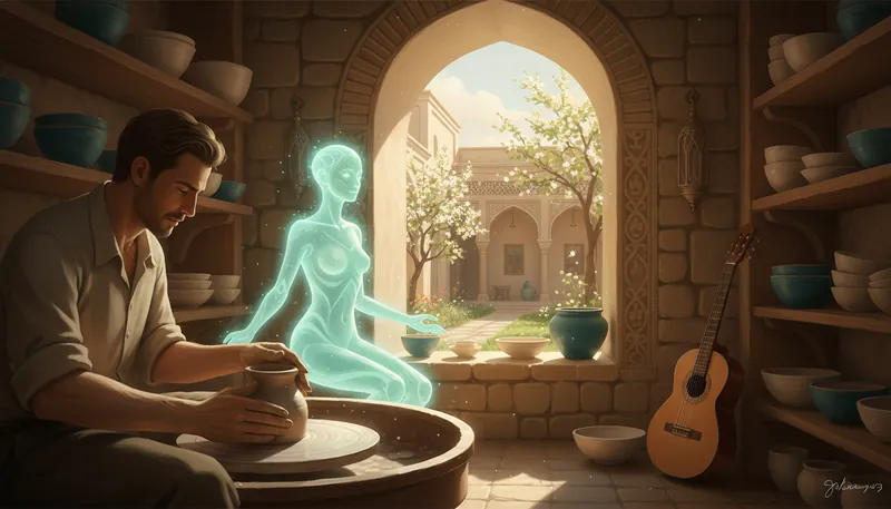 A potter at the wheel with Mila beside him