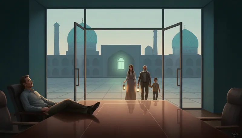 A man alone in an empty office while a family walks out toward people