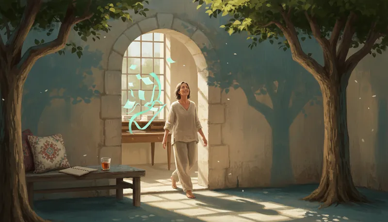 A woman walks into a bright room, Mila outside the window
