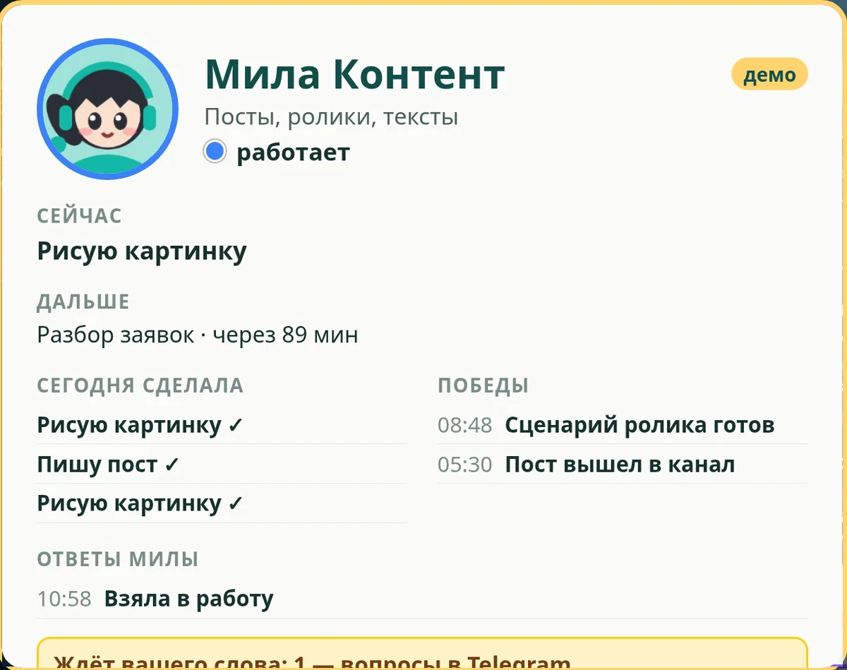 Карточка Милы Контент: что делает сейчас, что дальше, что сделала сегодня и её победы